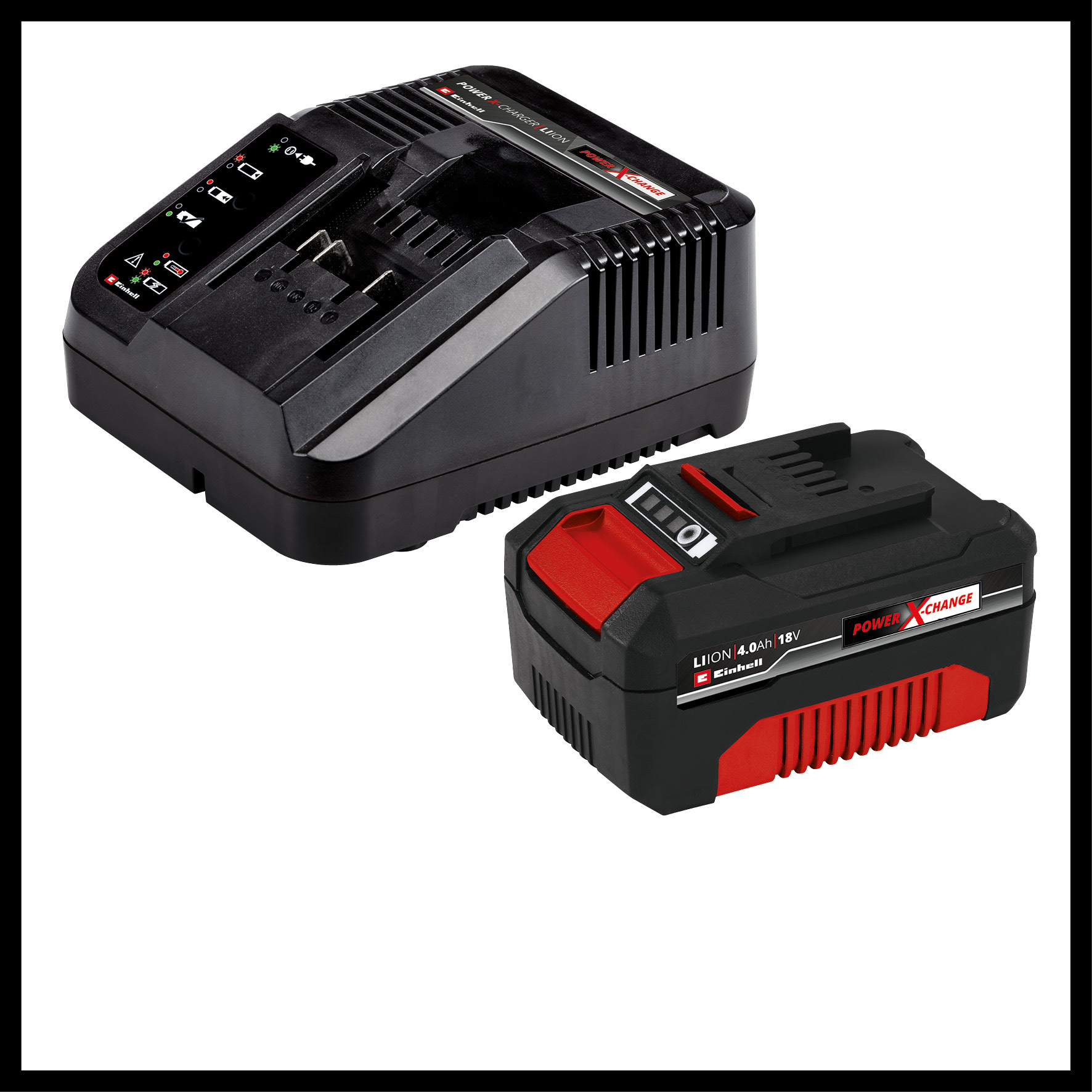 Schwarzes Batterieladegerät und ein schwarz-rotes Akkupack von Einhell, beides vor weißem Hintergrund.