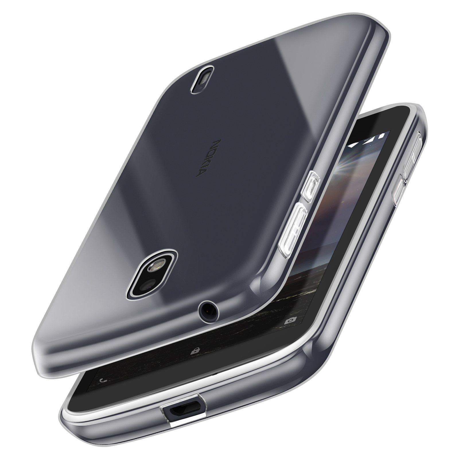Un telefono Nokia con una cover trasparente. La cover è parzialmente aperta, rivelando lo schermo. Il telefono è grigio.