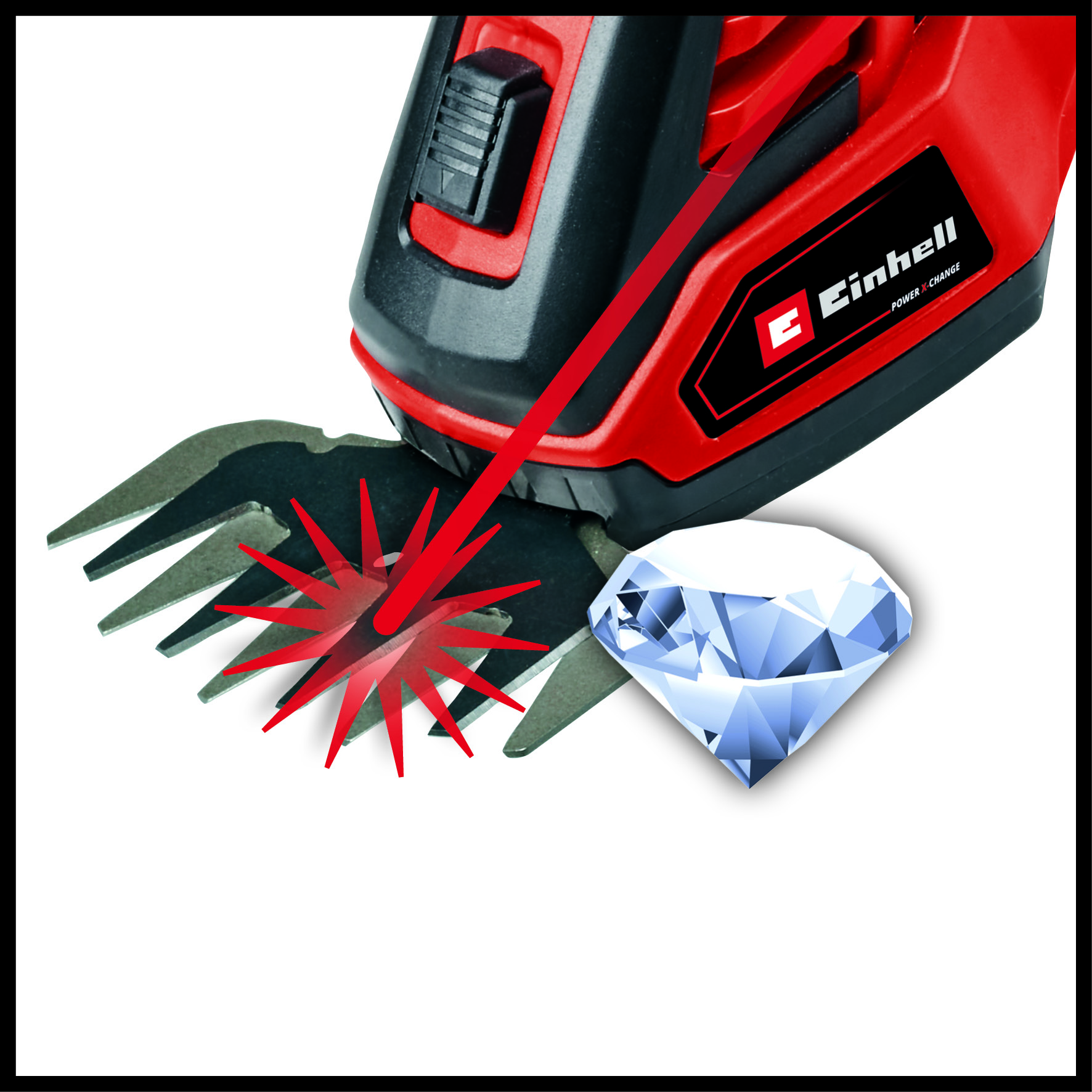 Roter und schwarzer Einhell-Heckenschneider mit Klingendetail und Diamant. Roter Burst-Grafik überlagert den Klingenbereich.