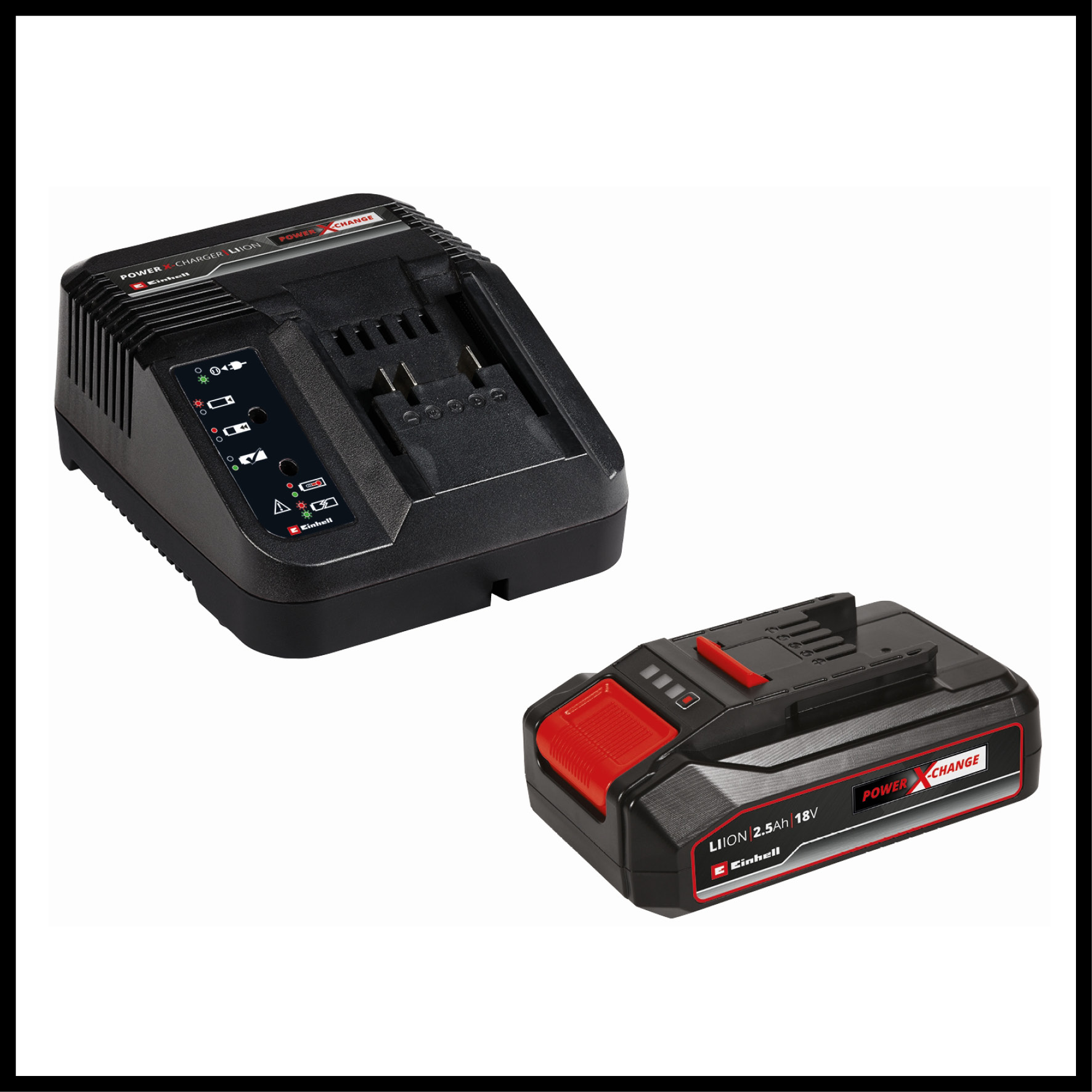 Auf weißem Hintergrund befinden sich ein schwarzes Batterieladegerät und ein Akku. Der Akku hat einen roten Knopf.