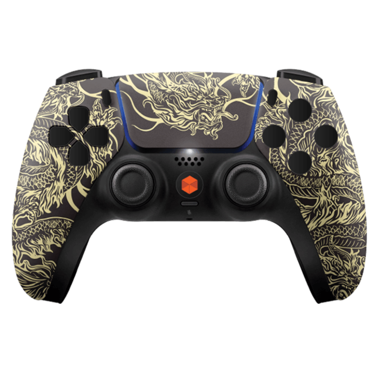 Un controller di gioco nero con un design a drago dorato. Ha pulsanti neri e accenti arancioni.