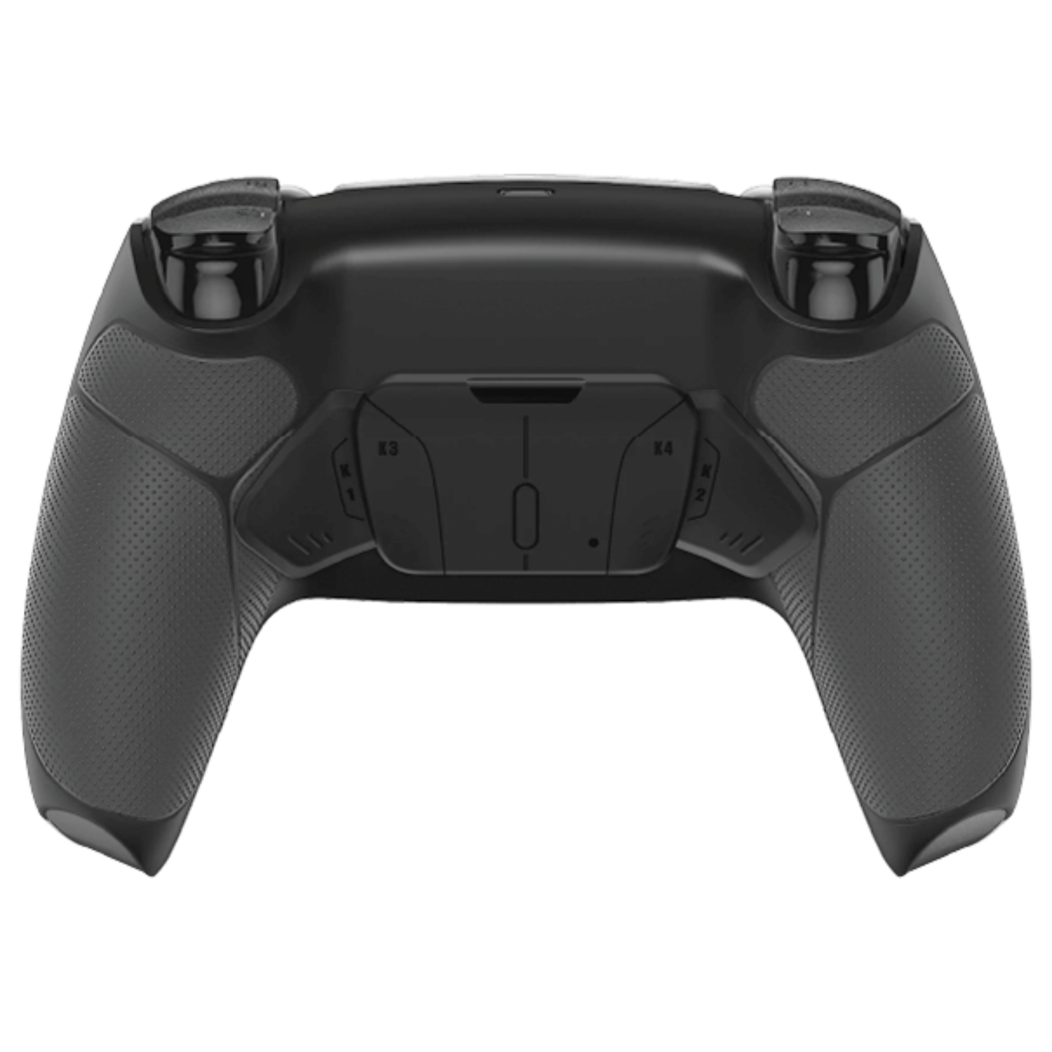 Un controller di gioco nero, visto da dietro. Ha pulsanti, grilletti e impugnature testurizzate per una presa comoda.