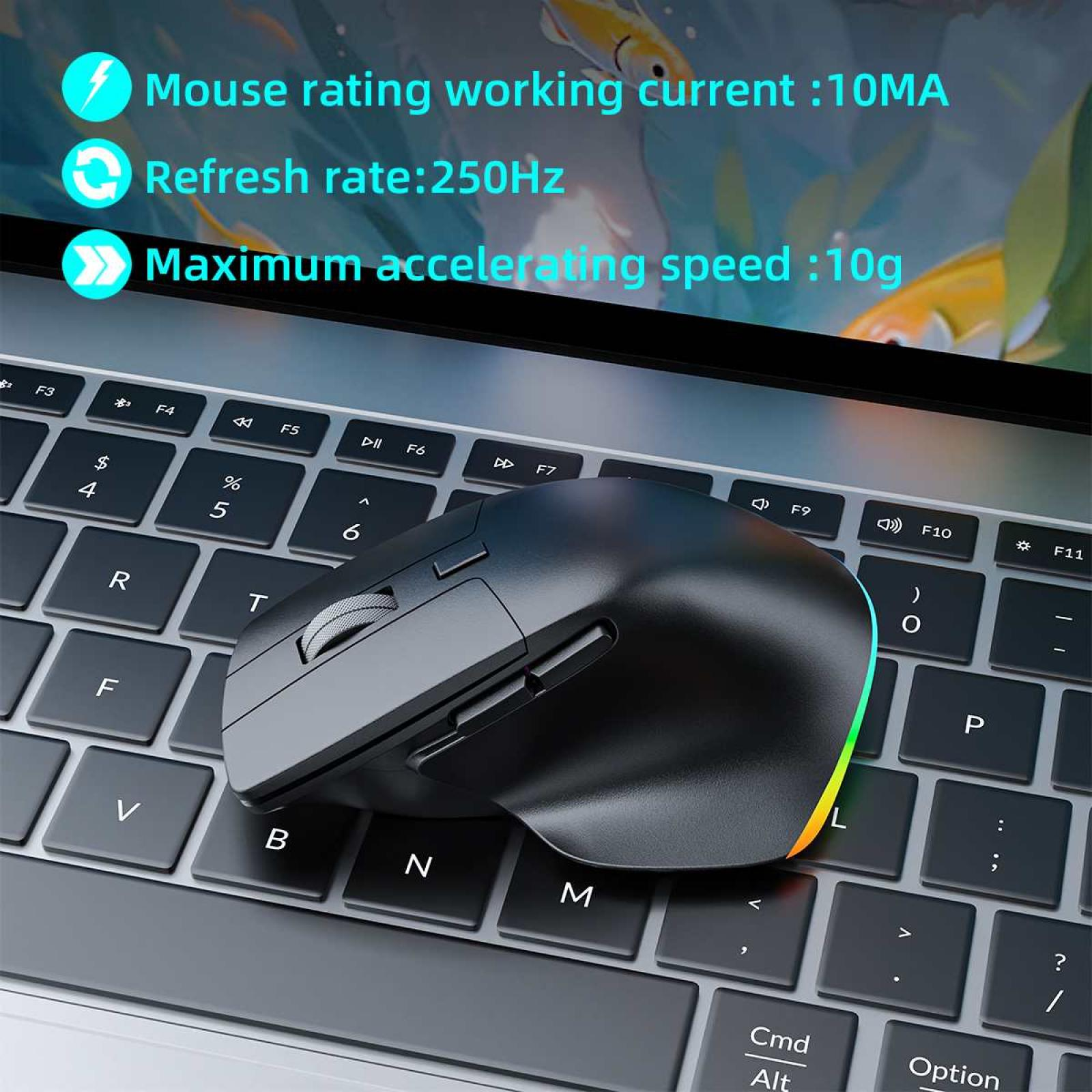 Schwarze Maus auf Laptop-Tastatur mit Spezifikationen: 10MA, 250Hz, 10g. Hintergrund hat Blautönung, und einige Formen.