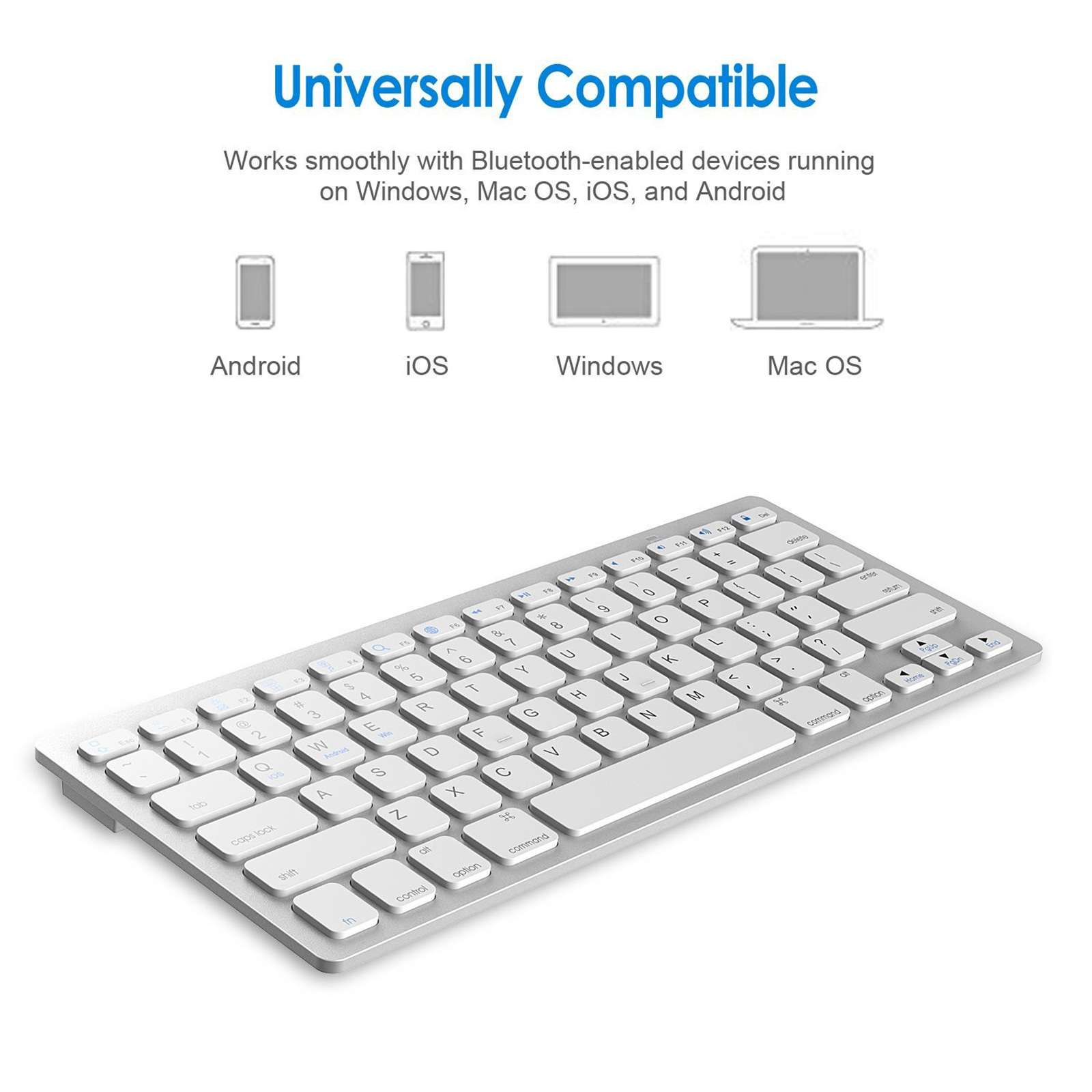 Silberne Tastatur mit weißen Tasten, kompatibel mit Android-, iOS-, Windows- und Mac OS-Geräten.