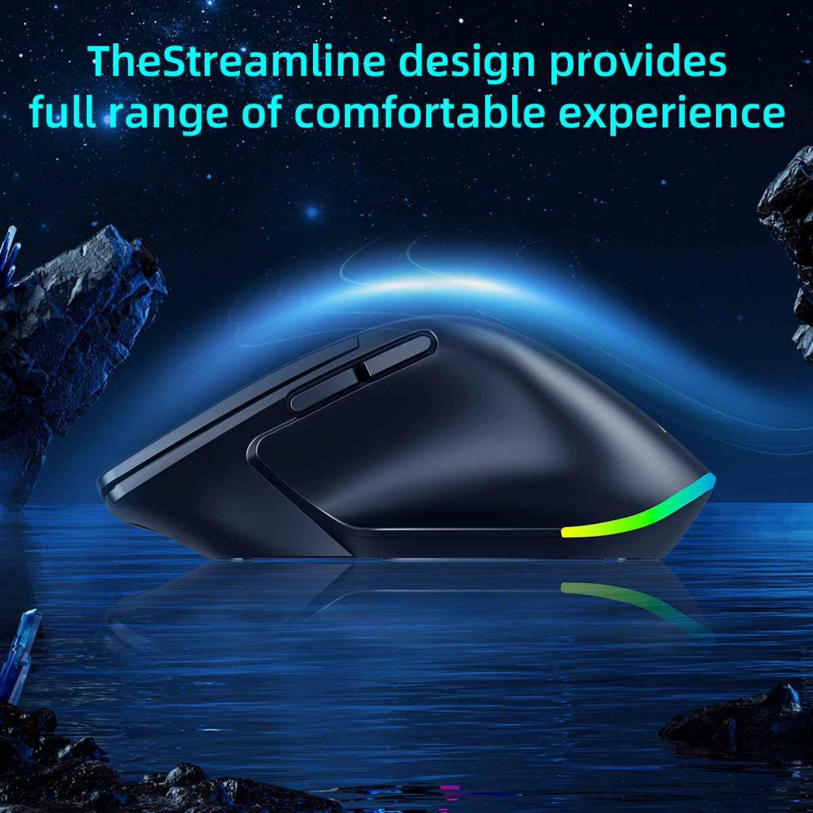 Schwarze ergonomische Maus mit blauen und grünen Akzenten, vor dunklem, wasserartigem Hintergrund.