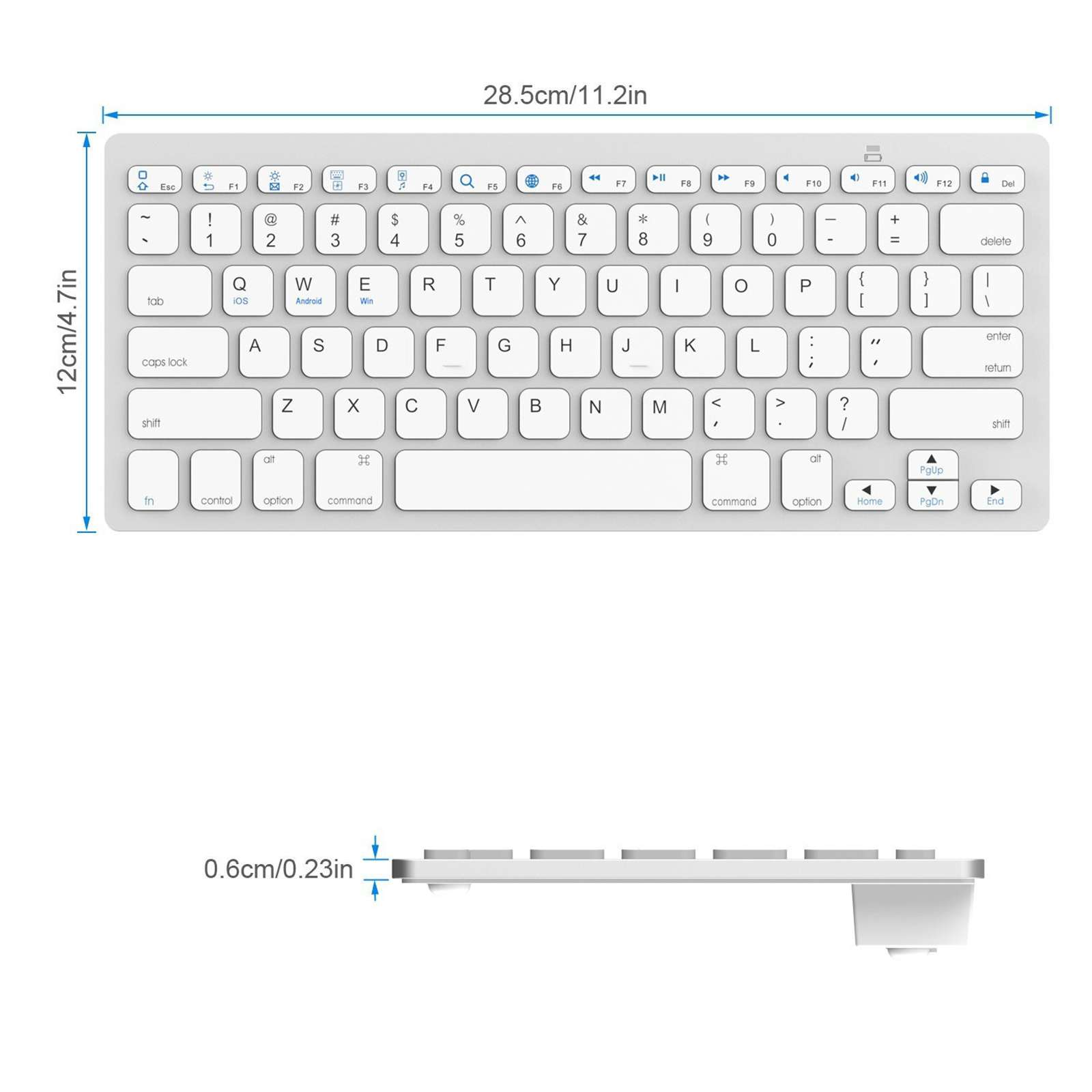Eine weiße Tastatur mit schwarzen Tasten. Abmessungen sind angegeben. Tasten umfassen Buchstaben, Zahlen und Funktionstasten.