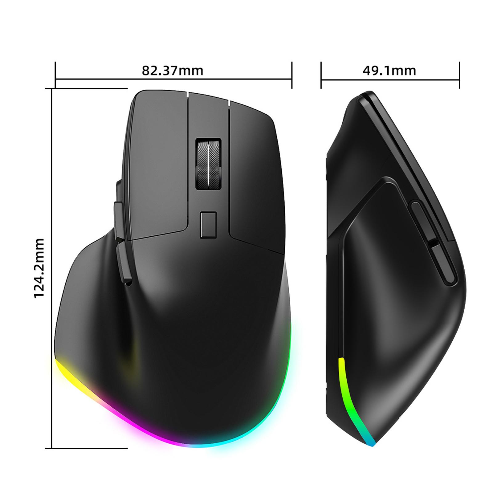 Schwarze ergonomische Maus mit Abmessungen. Hat ein Regenbogenlicht an der Unterseite. Die Seitenansicht zeigt eine Taste.