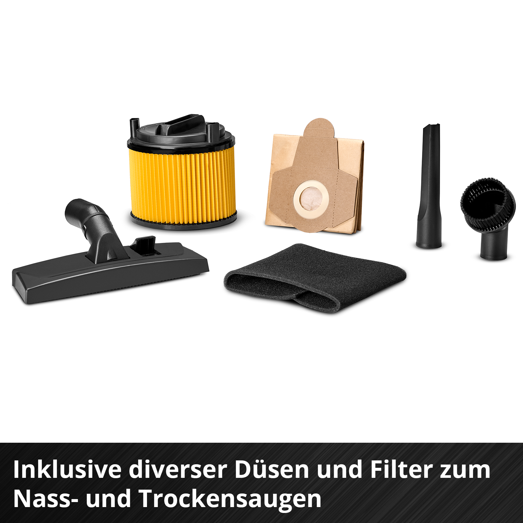 Staubsaugerzubehör: Filter, Beutel, Düsen und Bürste. Alles schwarz und gelb, auf weißem Grund, mit deutschem Text.