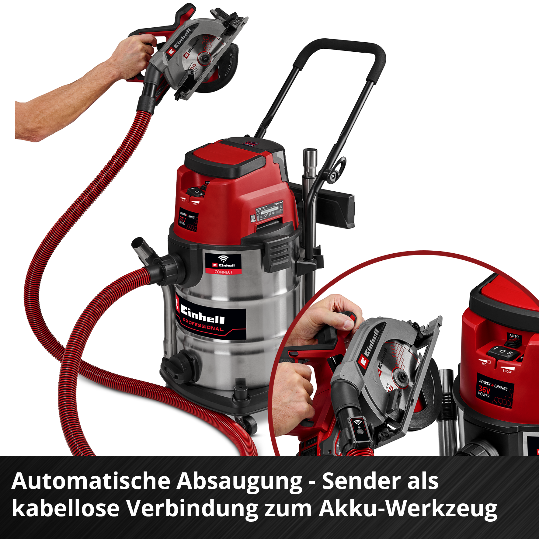 Eine rote und graue Kreissäge, verbunden mit einem Staubsauger über einen roten Schlauch. Die Säge wird gehalten.
