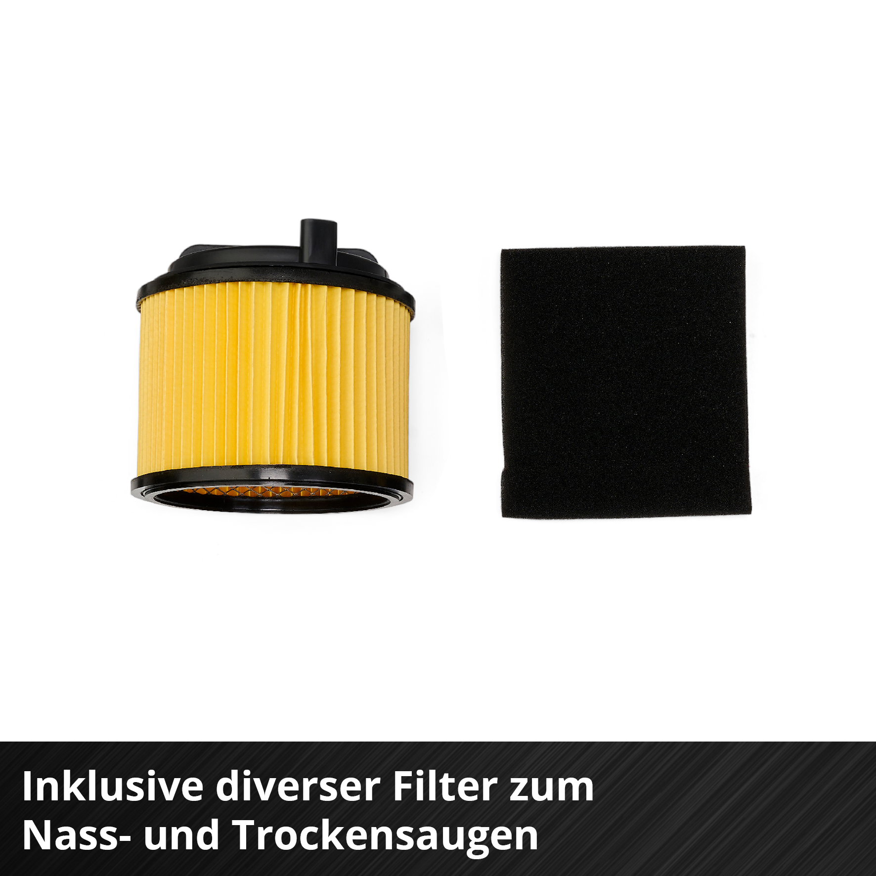 L'immagine mostra un filtro dell'aria e un filtro nero a forma di spugna, su sfondo bianco. Testo in basso: Filtro per aspirazione a umido e a secco.