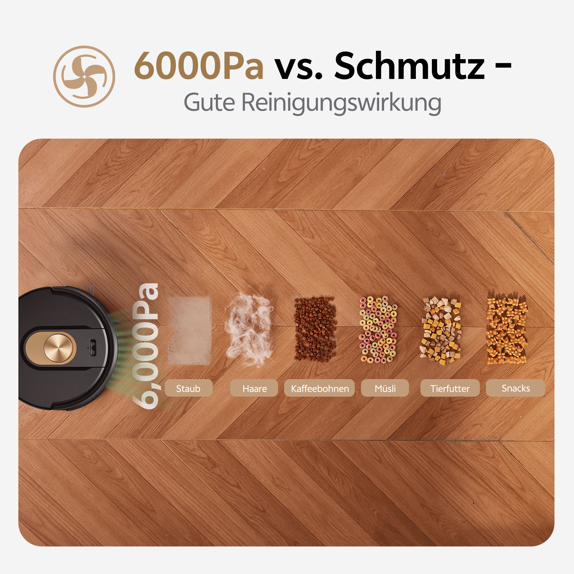 Ein Roboter-Staubsauger mit Staub, Haaren, Kaffeebohnen, Müsli, Tierfutter und Snacks auf einem Holzboden.