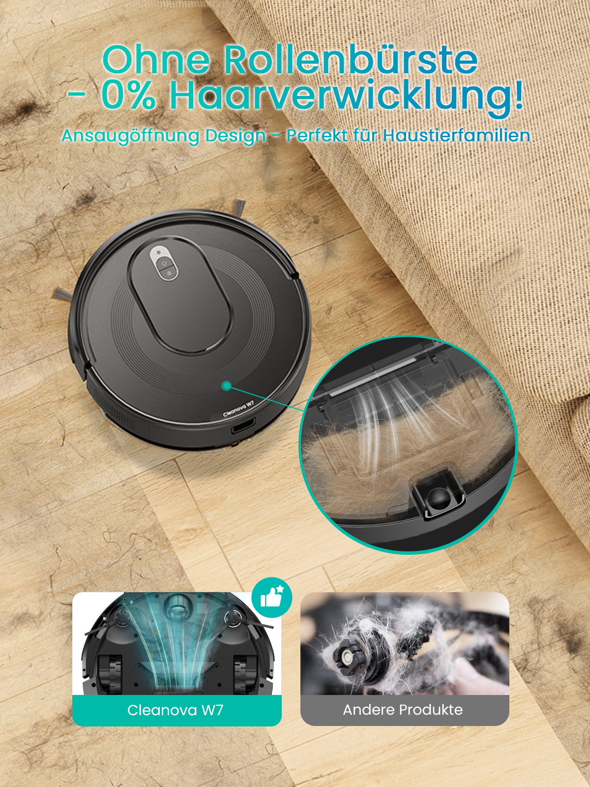 Ein schwarzer Roboter-Staubsauger auf Holzboden, mit Nahaufnahme von gesammelten Haaren. Text: Keine Bürstenrolle, 0 % Haarverwicklung.