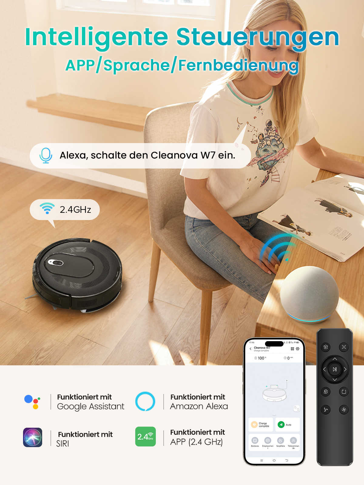 Eine Frau sitzt an einem Tisch mit einem Roboterstaubsauger, einem intelligenten Lautsprecher, einem Telefon und einer Fernbedienung. Text wirbt für Sprach- und App-Steuerung.