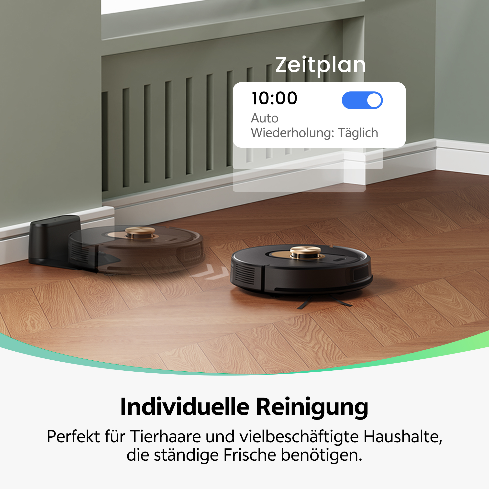 Zwei schwarze Roboter-Staubsauger auf Holzboden. Bildschirm zeigt Zeitplan um 10:00 Uhr, mit täglicher Wiederholung.