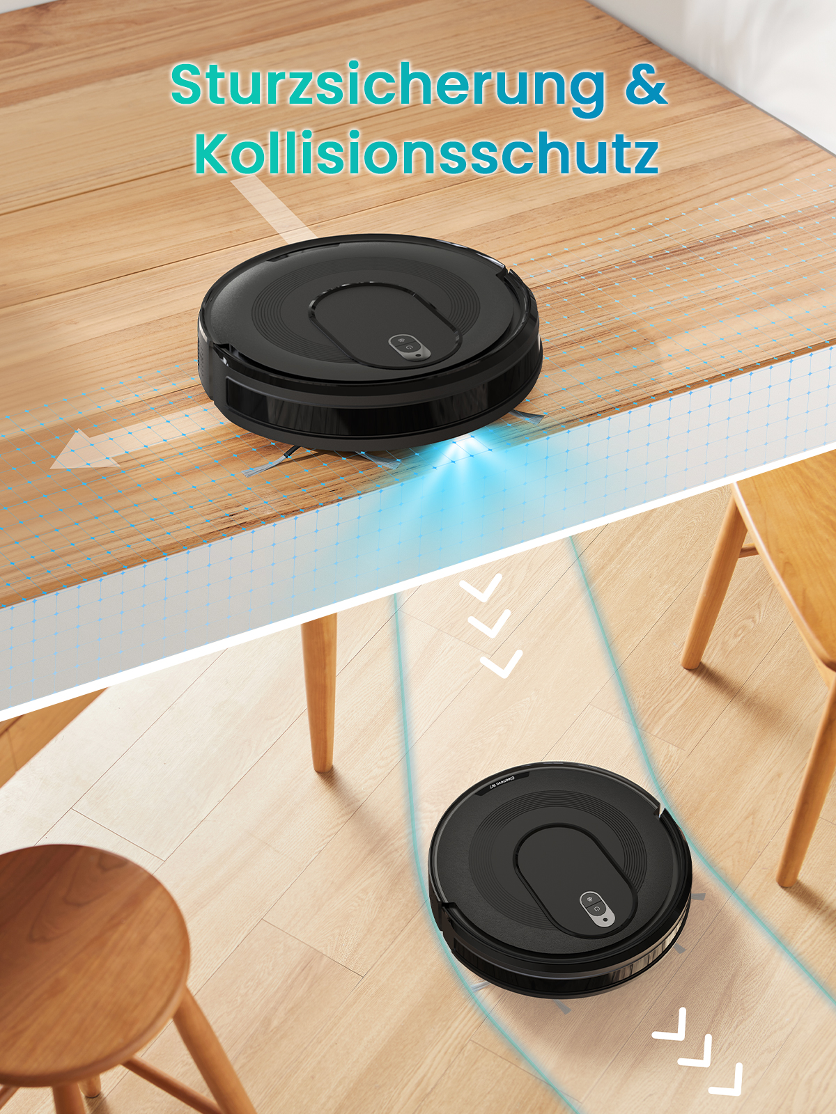 Ein Roboter-Staubsauger auf einer Holzoberfläche, mit einem zweiten darunter. Schutzsystem angezeigt.