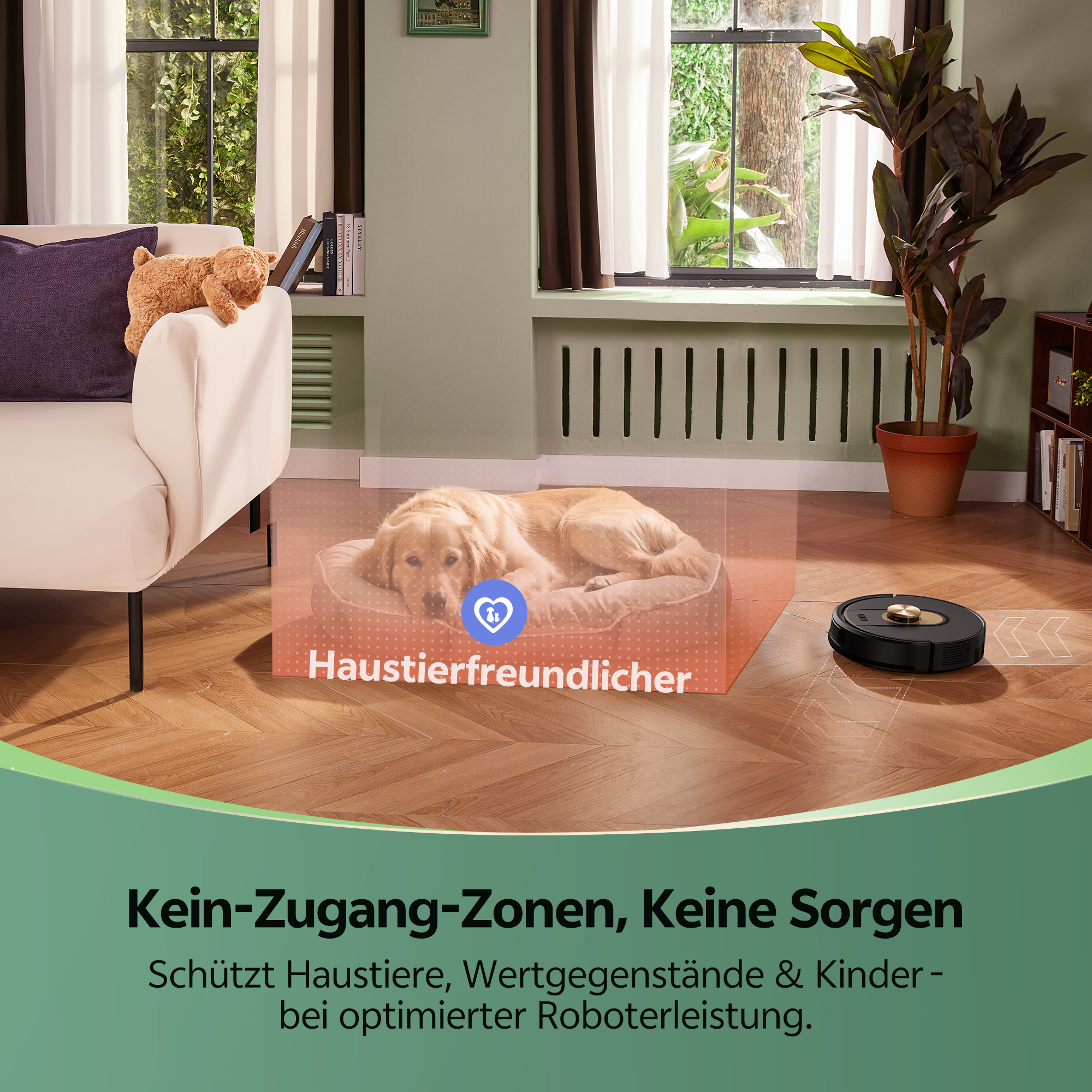 Ein Hund liegt auf einem Bett. Ein Roboterstaubsauger steht auf dem Boden. Sofa, Fenster und Pflanze im Hintergrund.