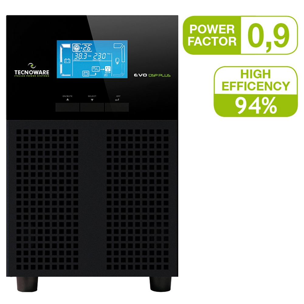 Sistema UPS nero con display. Etichette verdi indicano fattore di potenza ed efficienza.