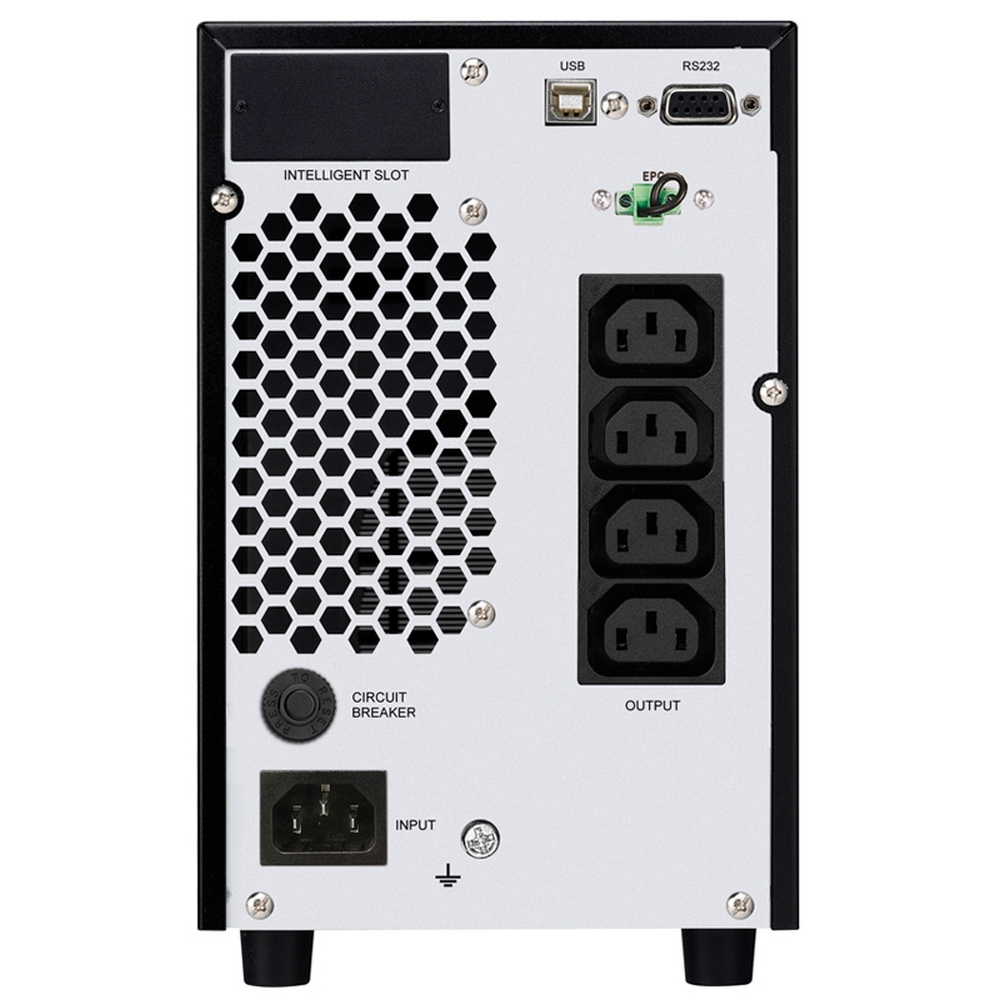 Pannello posteriore di un UPS nero con prese di corrente, porte USB, RS232 e un interruttore.