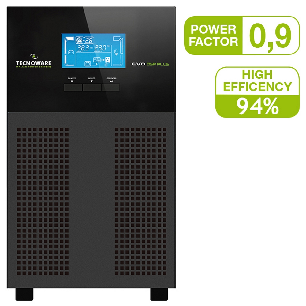 Un UPS nero con display digitale. Mostra dettagli di potenza ed efficienza, con etichette come 'Power Factor 0,9' e 'Efficienza 94%.