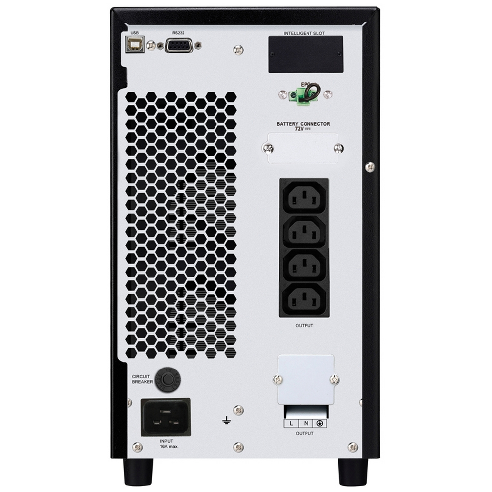 Pannello posteriore di un UPS nero con più prese di corrente, ingresso e vari connettori come USB e RS232. Griglia esagonale.