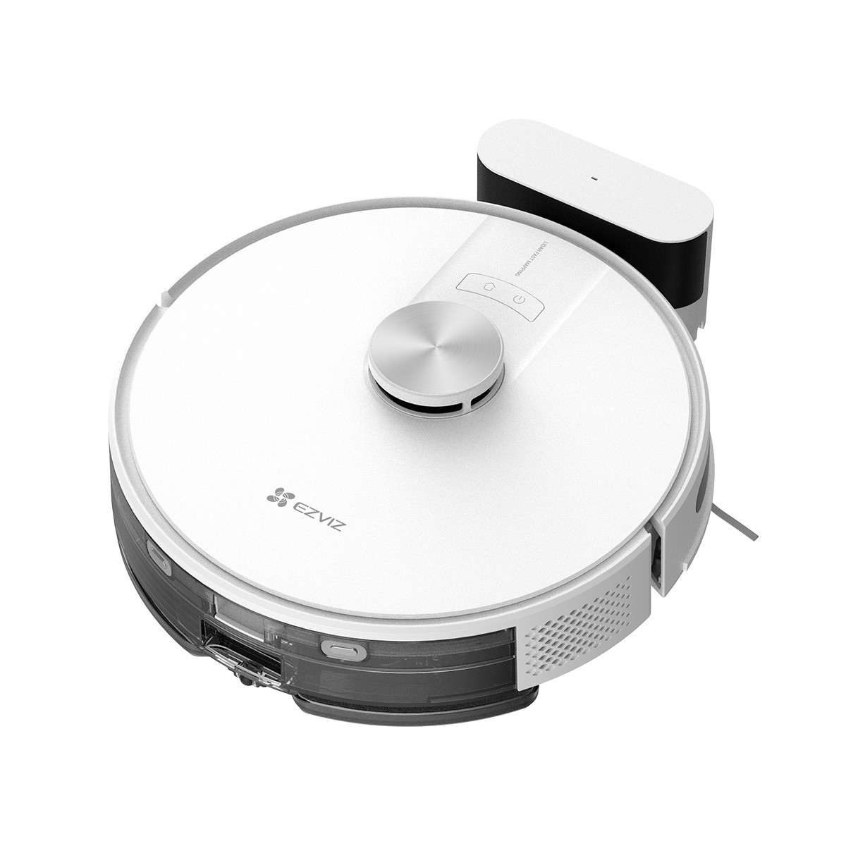 Un aspirateur robot EZVIZ blanc avec une station de charge. L'aspirateur est de forme ronde avec un bouton argenté sur le dessus.