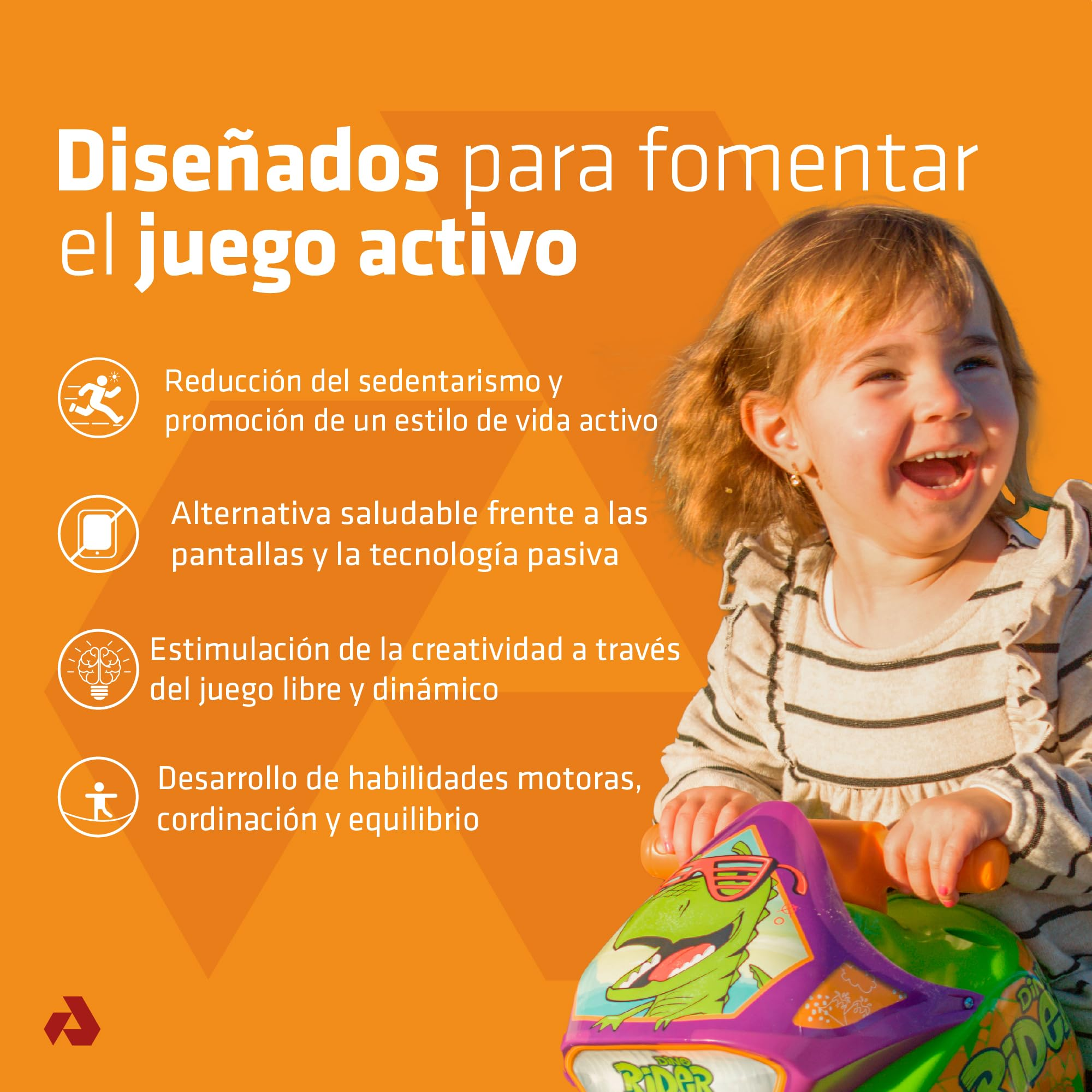 Un niño sonriente en un dinosaurio de juguete con texto sobre juego activo. Fondo naranja con texto e iconos blancos.