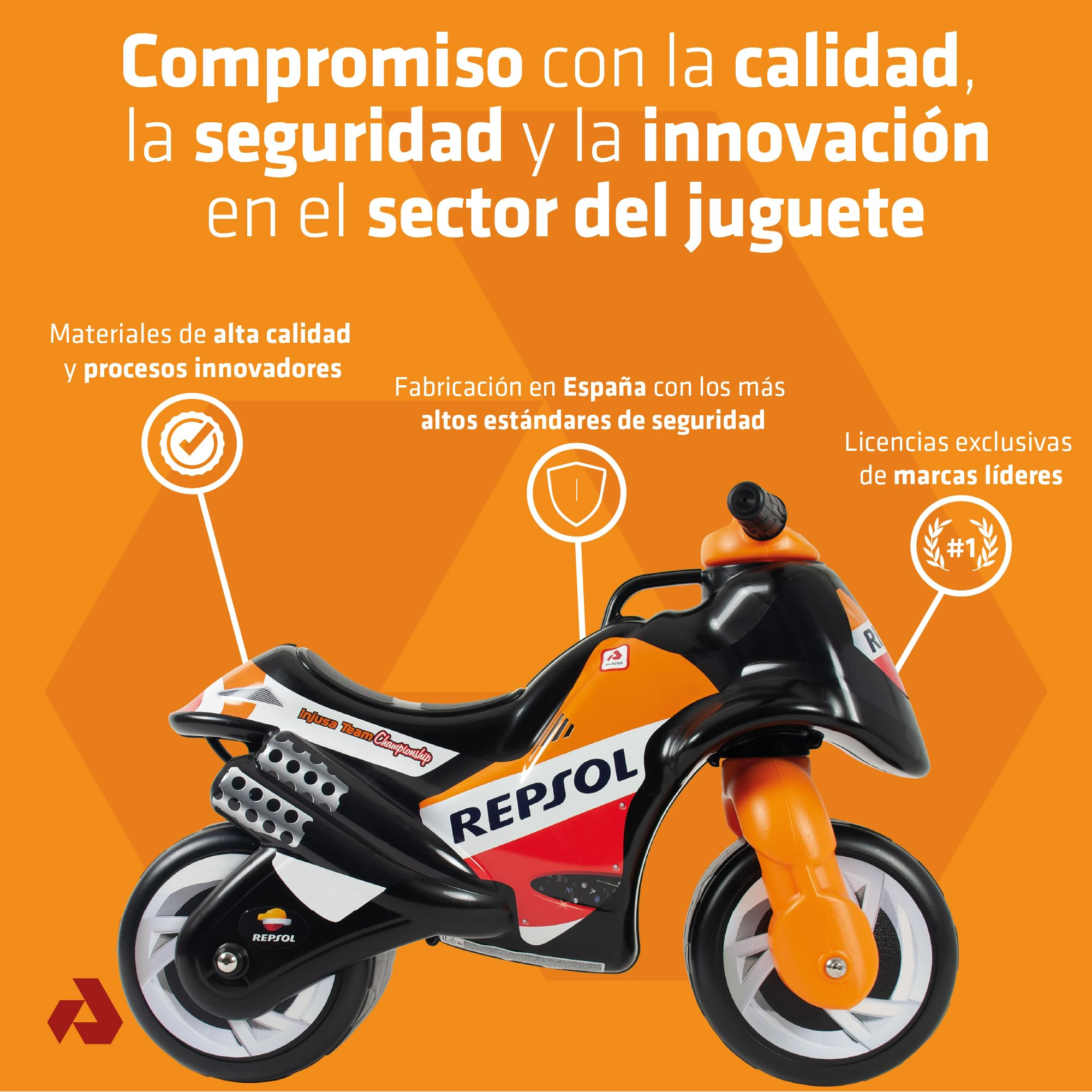 Una moto de juguete naranja y negra con el logo de Repsol se muestra sobre un fondo naranja. Texto e iconos la rodean.