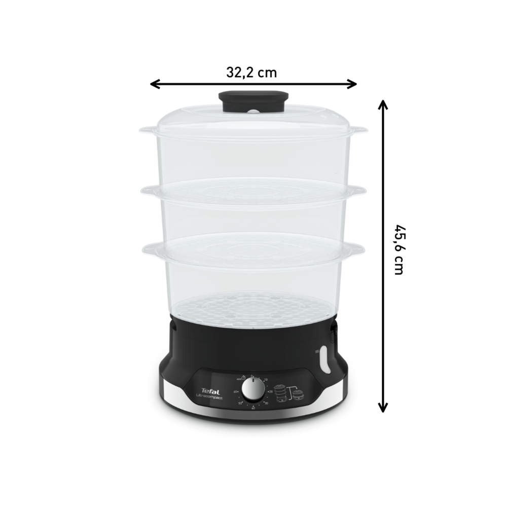 Ein Tefal Ultracompact Dampfgarer. Er hat drei transparente Ebenen, einen schwarzen Sockel mit Drehknöpfen und ist 45,6 cm hoch und 32,2 cm breit.