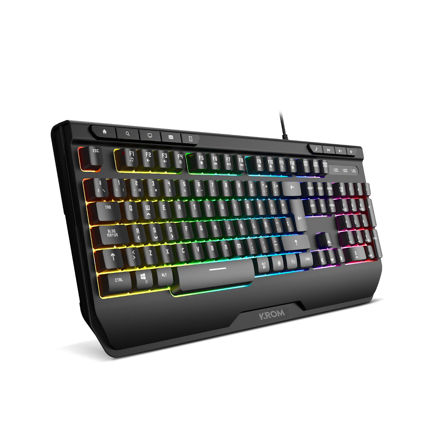 Un teclado KROM negro con iluminación RGB. Las teclas incluyen letras, números y teclas de función.