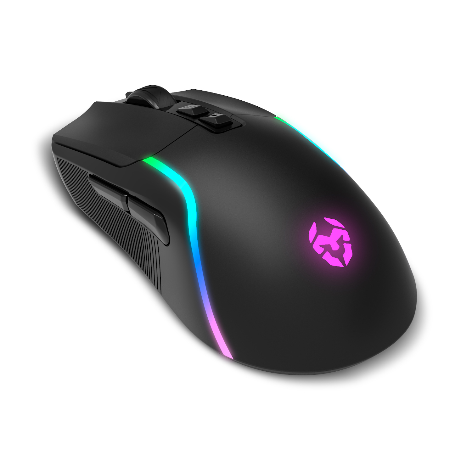 Ratón gaming negro con luces de colores. El ratón tiene un logo y está sobre un fondo blanco.