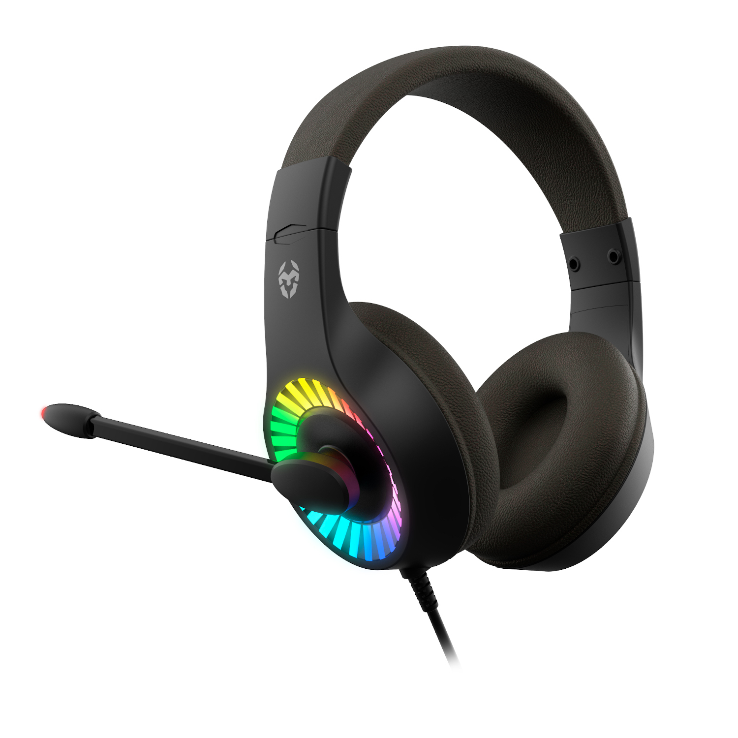 Unos auriculares gaming negros con luces RGB alrededor de la orejera y un micrófono. Las orejeras y la diadema son negras y grises.