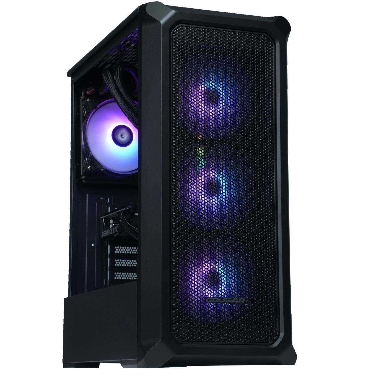 Carcasa de computadora negra con frente de malla. Tres ventiladores RGB visibles. Un ventilador de refrigeración de CPU brillante también presente.