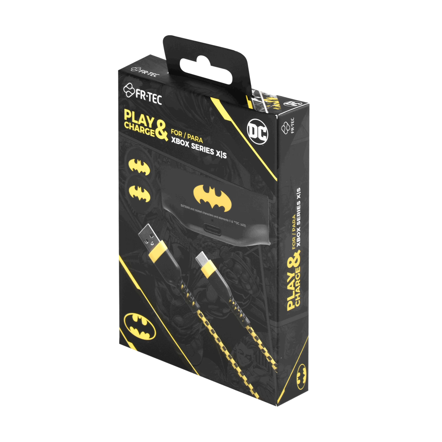 Una caja de Play & Charge para Xbox Series XIS con temática de Batman. Diseño negro y amarillo con el logo de Batman y cable. Marca FR-TEC.