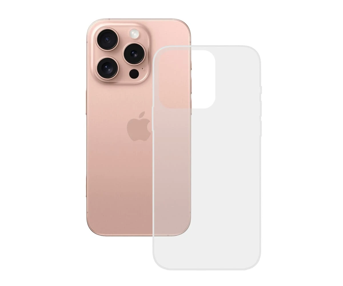 Un iPhone de oro rosa con una funda transparente. El teléfono tiene tres lentes de cámara y un logotipo de Apple. La funda está ligeramente desfasada.