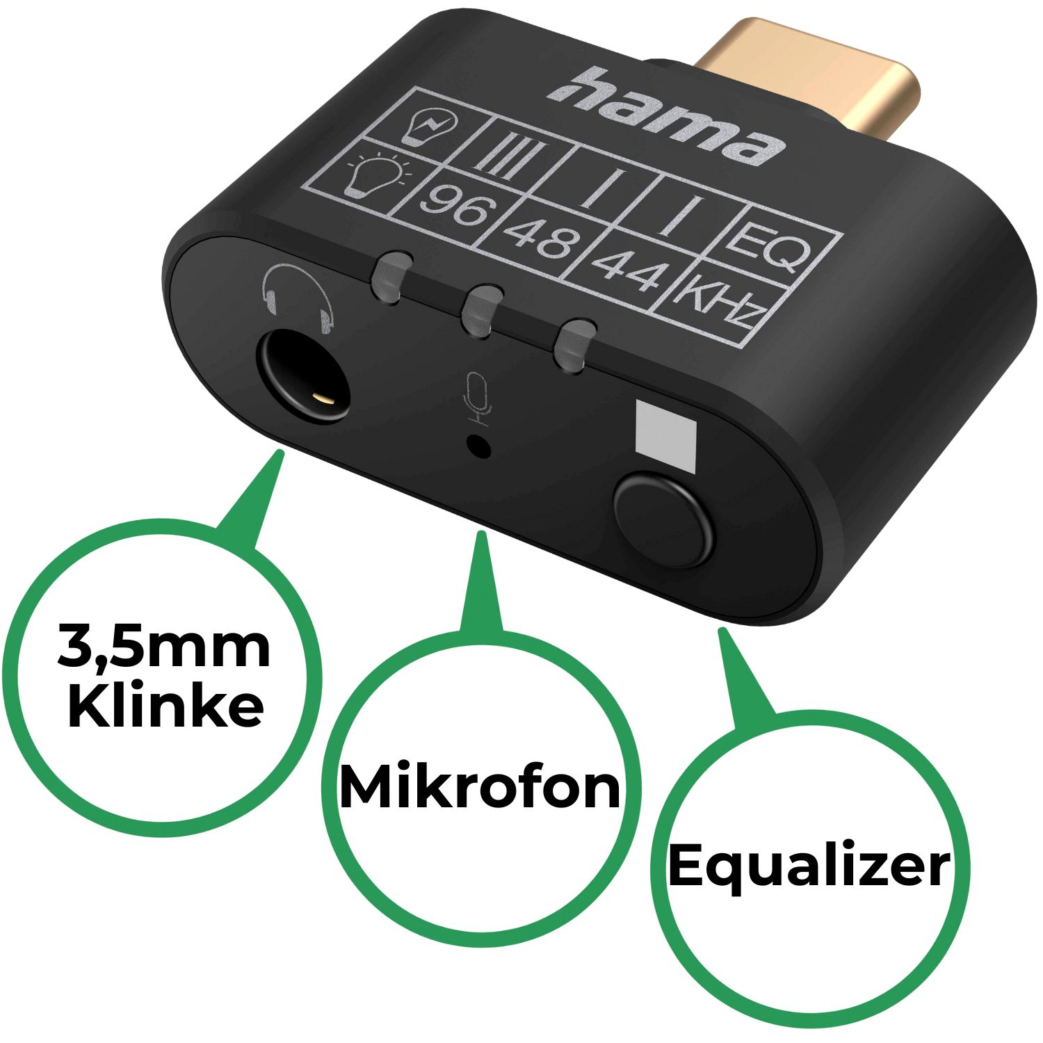 Schwarzer Hama-Adapter mit Goldstecker. Funktionen: 3,5-mm-Klinke, Mikrofon und Equalizer. Markiert mit 96/48/44 kHz.