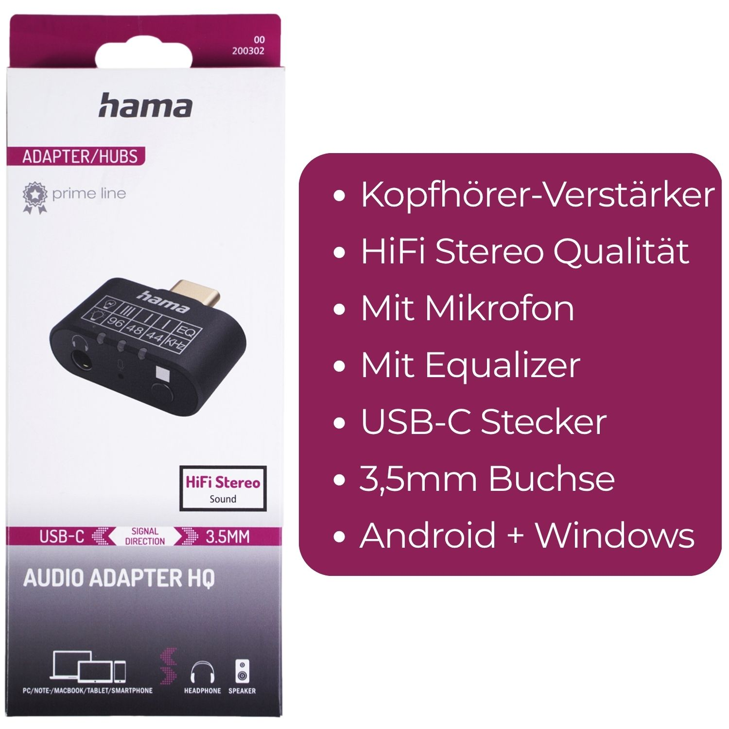 Eine Hama Audio Adapter Box mit schwarzem Adapter. Text enthält HiFi Stereo, USB-C, 3,5mm und Android + Windows-Kompatibilität.