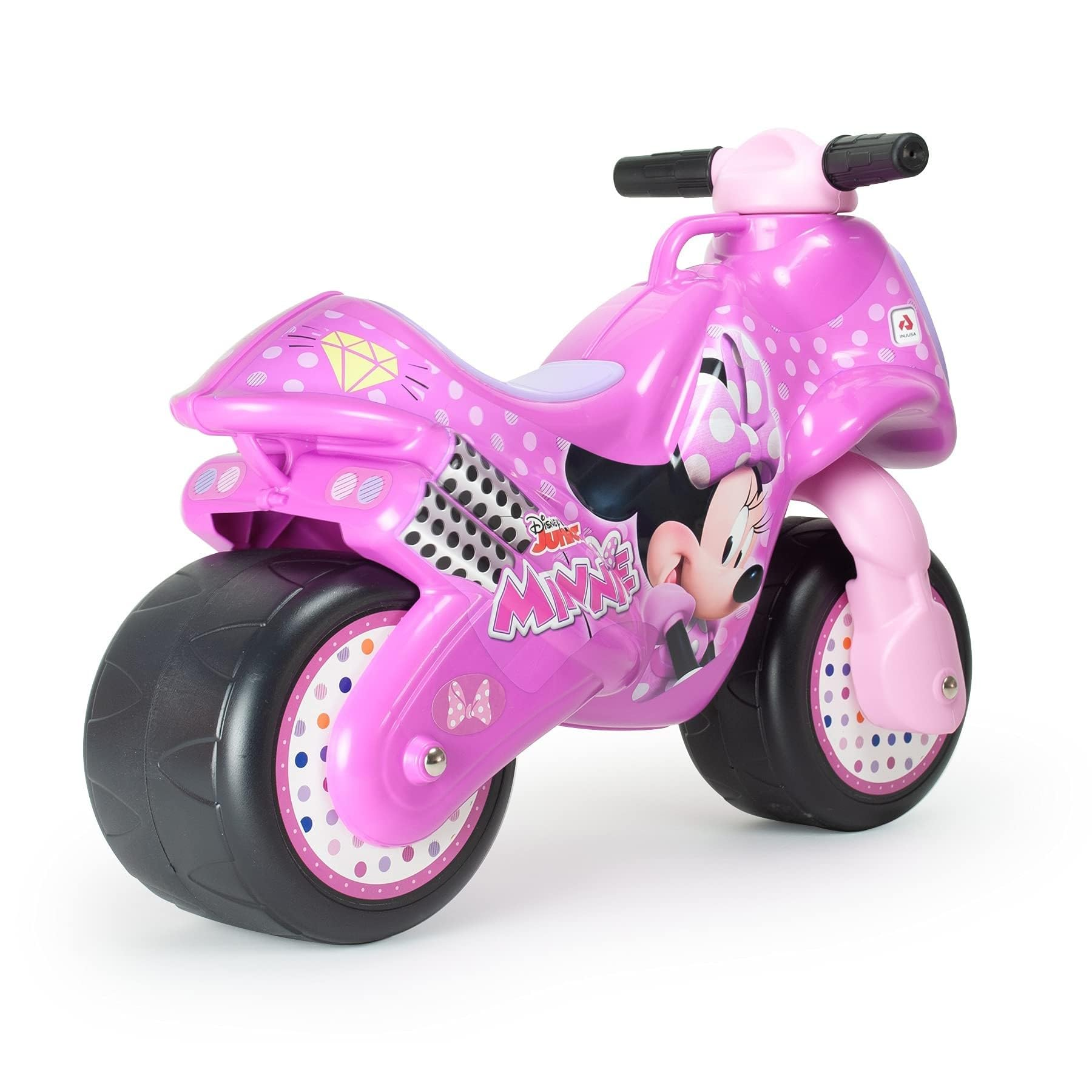 Una motocicleta de juguete rosa de Minnie Mouse. Tiene ruedas negras, lunares y un gráfico de Minnie Mouse.