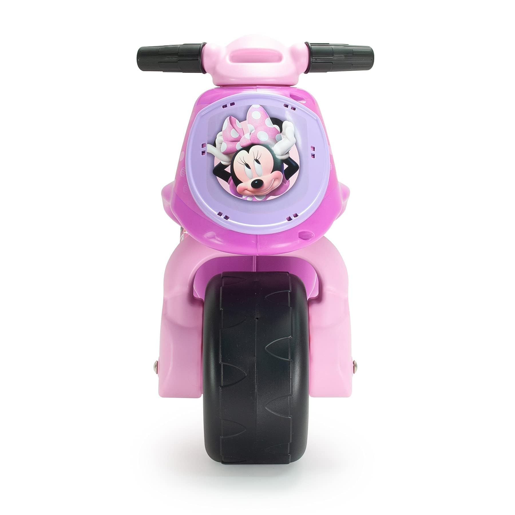 Un juguete rosa de Minnie Mouse para montar. Tiene un neumático negro grande y manillar negro. Minnie Mouse está al frente.