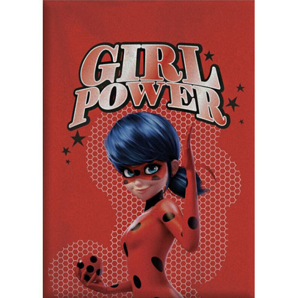 Ein Cartoonbild eines Mädchens in einem roten Anzug mit schwarzen Punkten, das einen schwarzen Ball hält. Der Hintergrund ist rot mit den Worten GIRL POWER.
