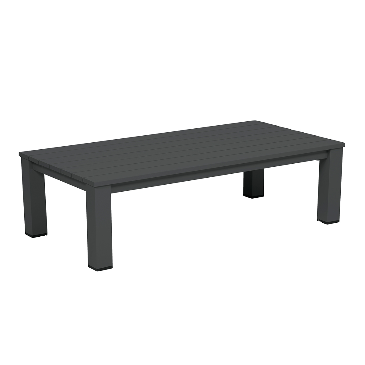 A gray rectangular table with four legs. The tabletop has a slatted design. The legs have black feet. White background.