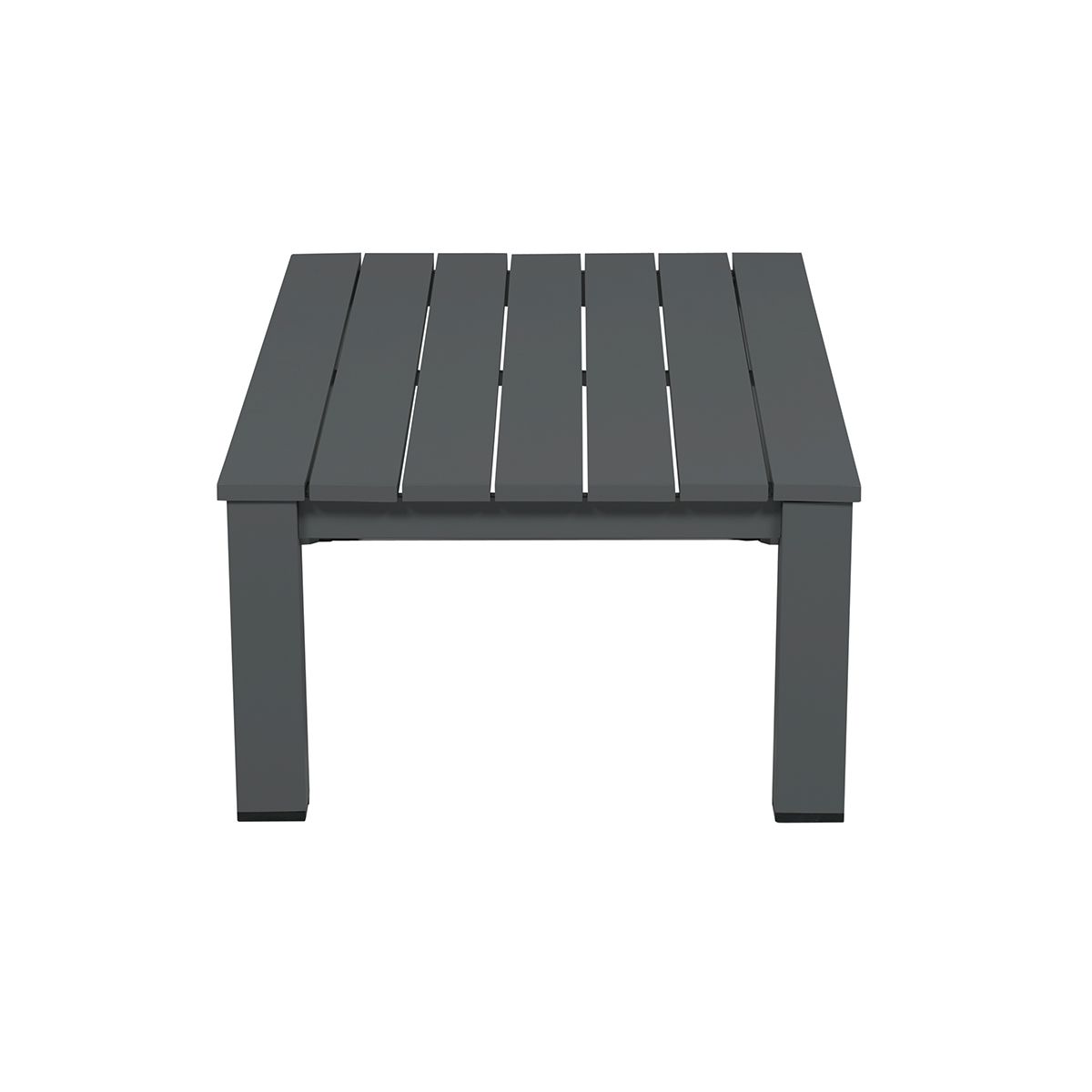 A gray square table with a slatted top and four legs on a white background.