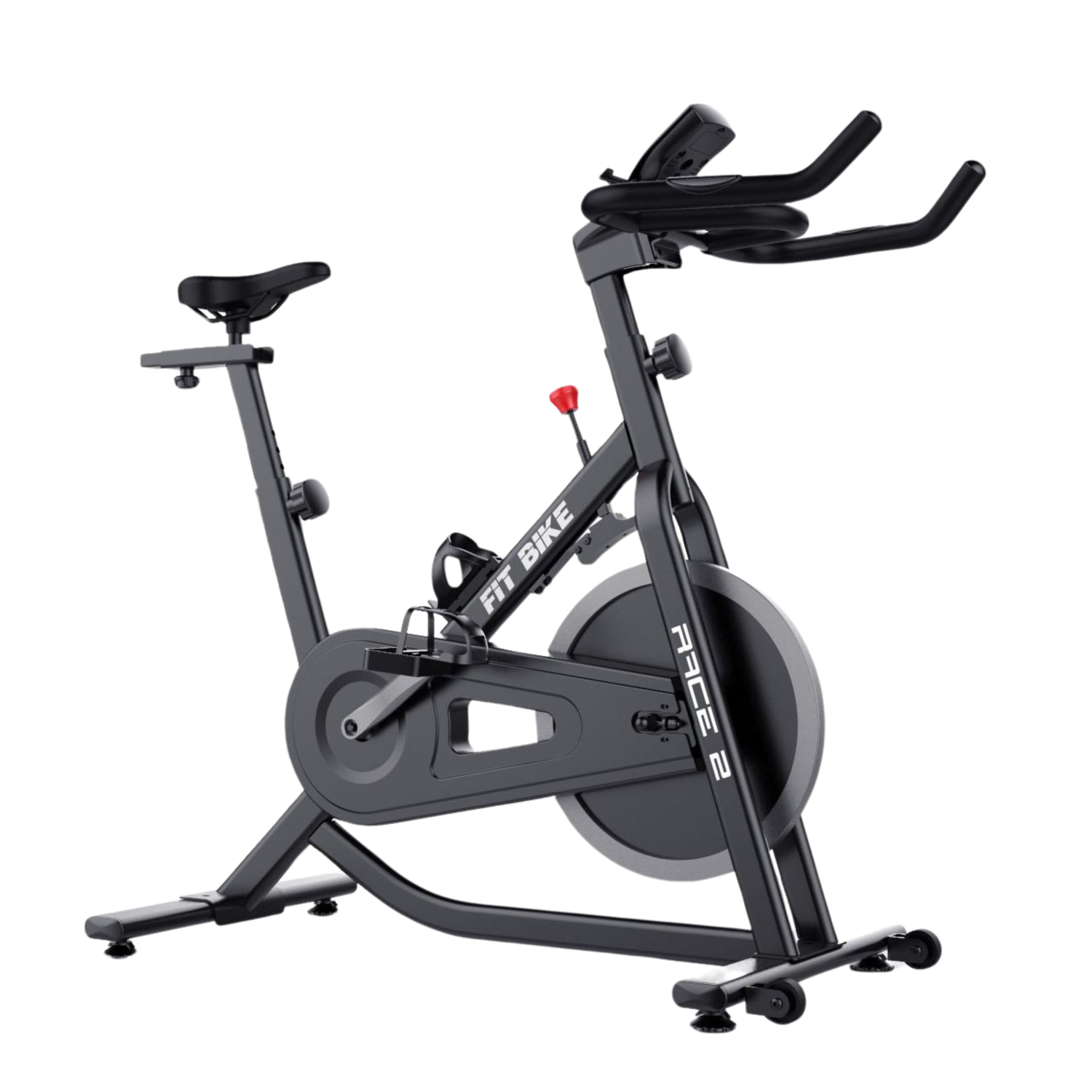 A black stationary exercise bike with a seat, handlebars, and a flywheel. The brand is 'FIT BIKE RACE 2'.