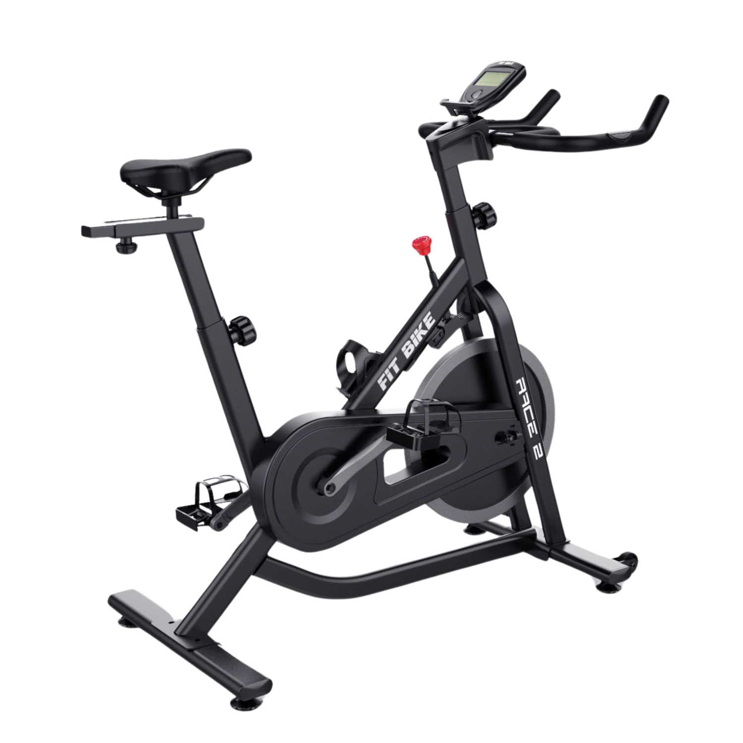 Black stationary bike with a digital display, seat, pedals, and handlebars, against a white background. The brand is Fit Bike.