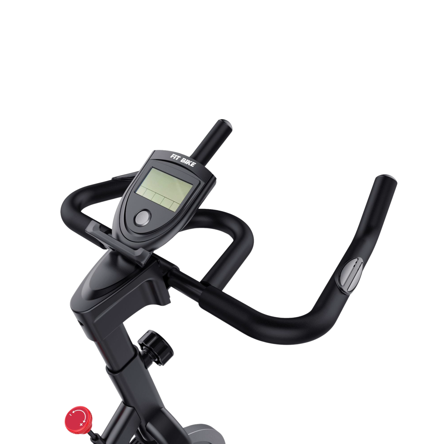 Close-up of a black exercise bike's handlebars and display. The display reads 'FIT BIKE'. A red knob is visible.
