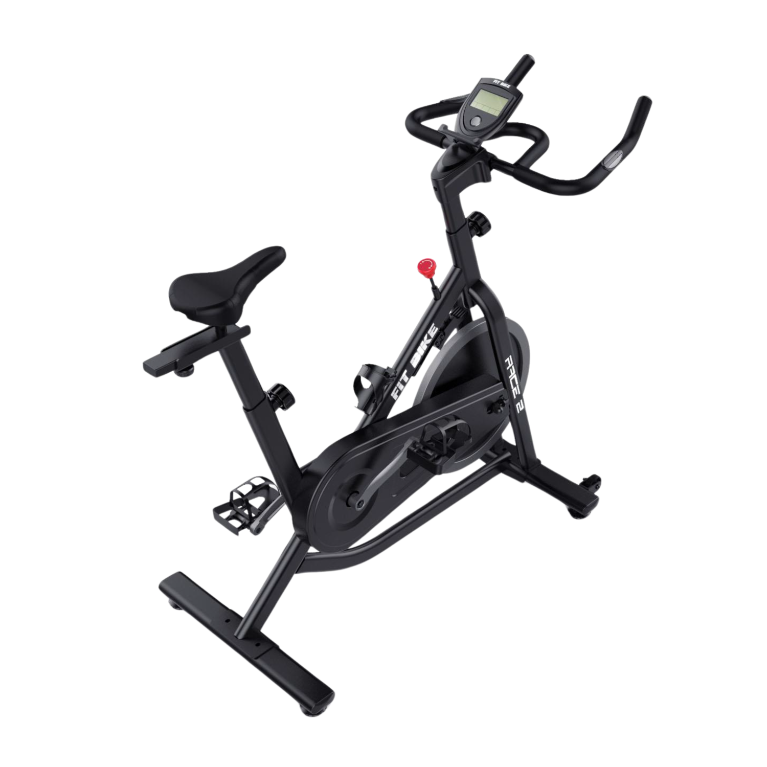 A black stationary exercise bike with a digital display, seat, pedals, and handlebars. It is set against a white background.