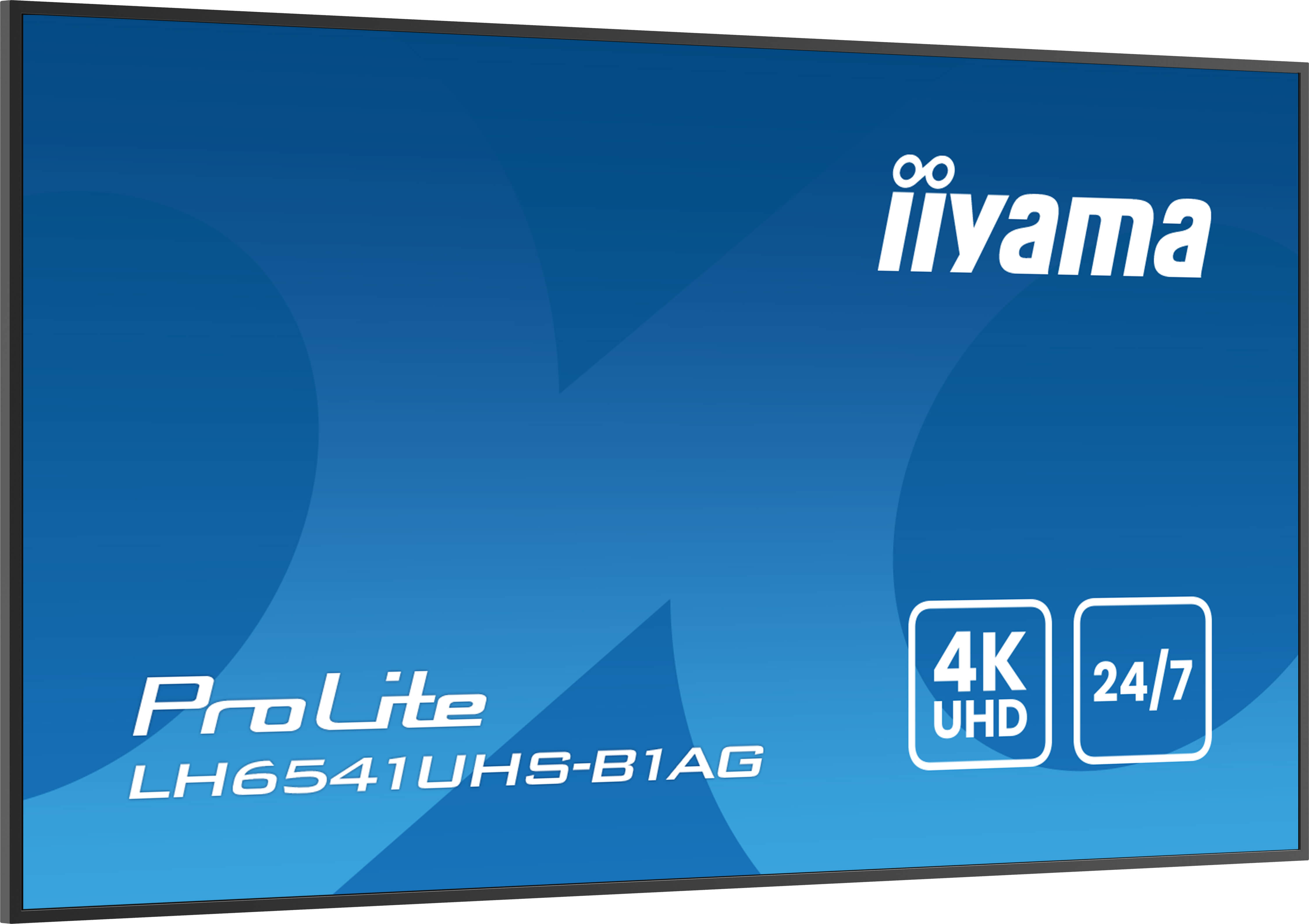 Niebieski monitor Iiyama ProLite. Funkcje obejmują 4K UHD i pracę 24/7. Widoczne są logo i informacje o modelu.