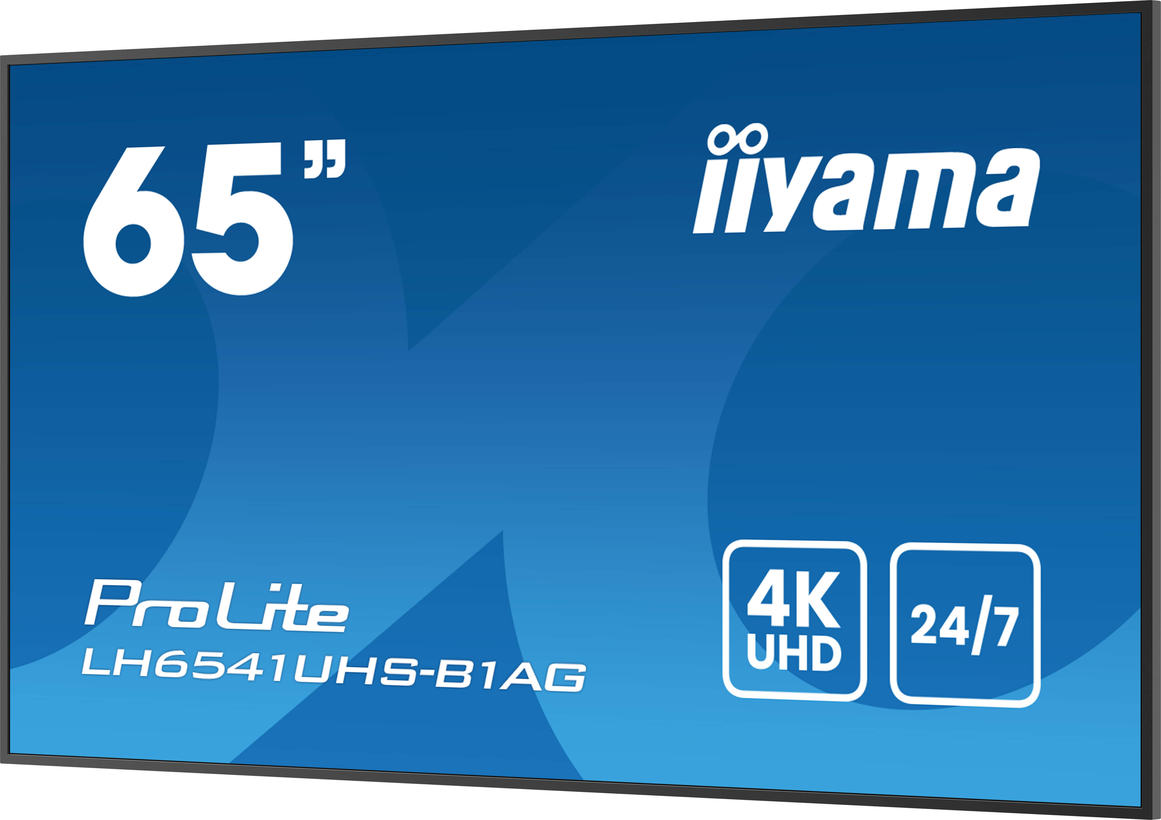 65-calowy wyświetlacz Iiyama ProLite 4K UHD 24/7. Niebieskie tło z białym tekstem i grafiką.