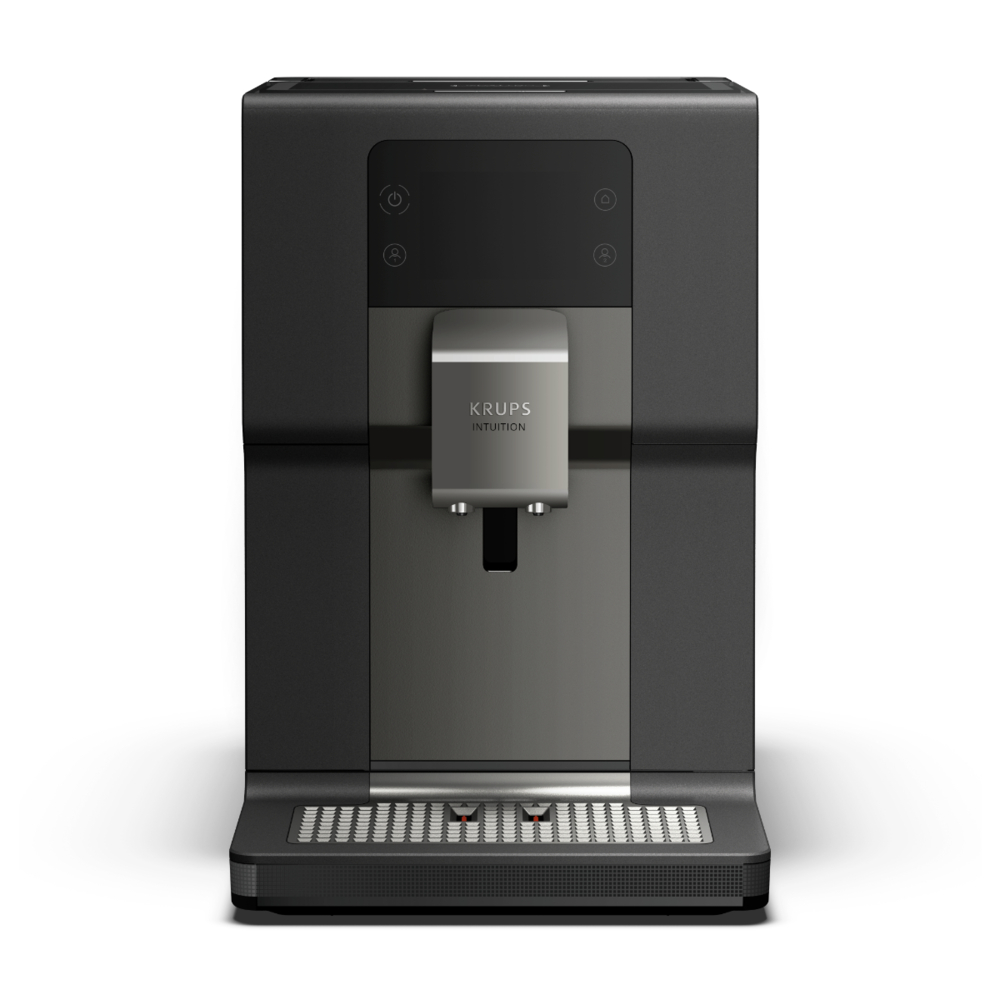 Dunkelgraue KRUPS Intuition Kaffeemaschine. Sie hat Knöpfe oben und einen silbernen Ausguss. Die Basis hat ein Gitter.