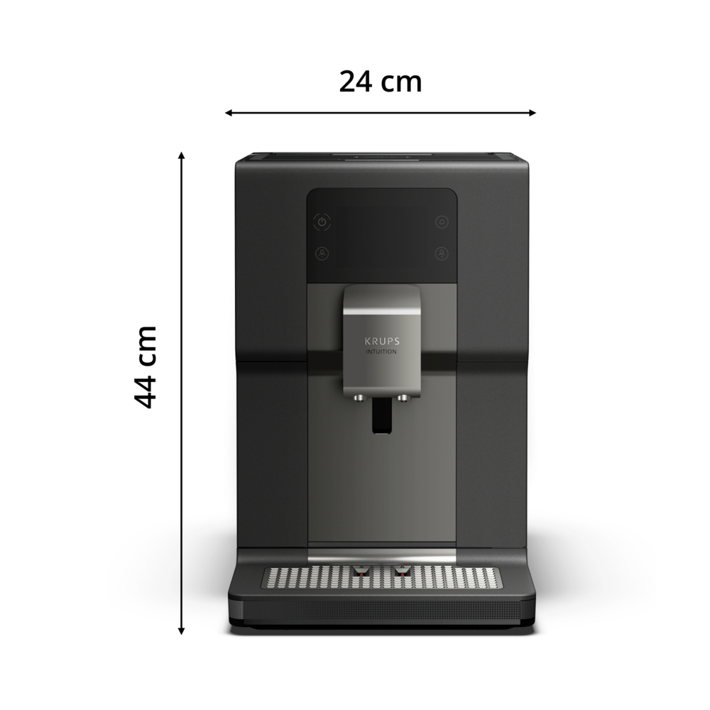 Eine schwarz-graue Krups Intuition Kaffeemaschine, 44 cm hoch und 24 cm breit, mit Knöpfen und einer Tropfschale.