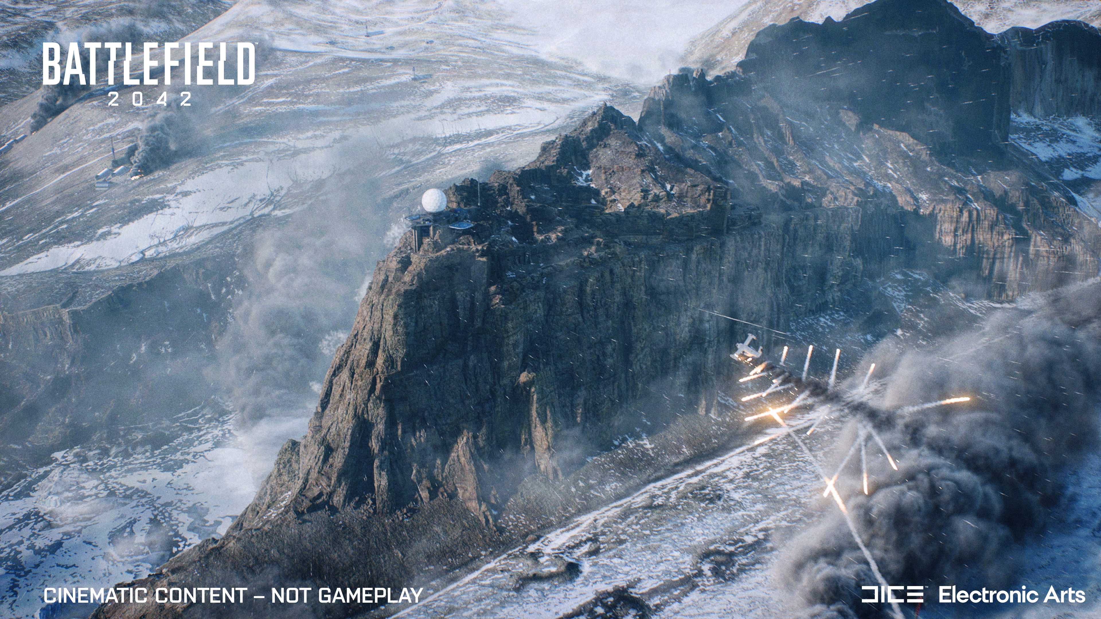 Ośnieżona scena górska ze strukturą, helikopterem strzelającym i logo 'Battlefield 2042'.